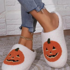 Fluffy Cartoon Pumpkin Slippers - Plush Platform Slides for Couples - Fun Halloween Gift 2024