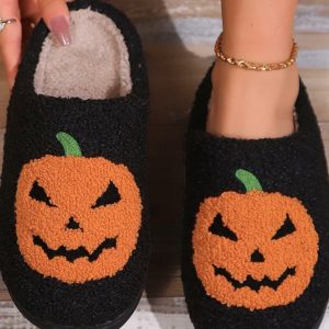 Fluffy Cartoon Pumpkin Slippers - Plush Platform Slides for Couples - Fun Halloween Gift 2024