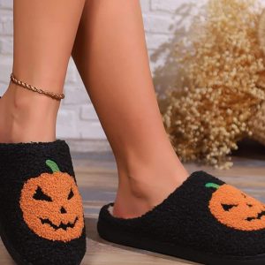 Fluffy Cartoon Pumpkin Slippers - Plush Platform Slides for Couples - Fun Halloween Gift 2024