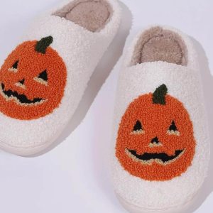 Fluffy Cartoon Pumpkin Slippers - Plush Platform Slides for Couples - Fun Halloween Gift 2024