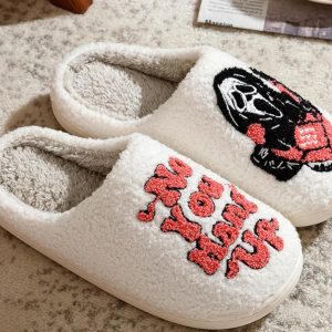 Fuzzy Embroidered Halloween Slippers - Cozy Plush House Shoes with Funny Face Design, Perfect Gift