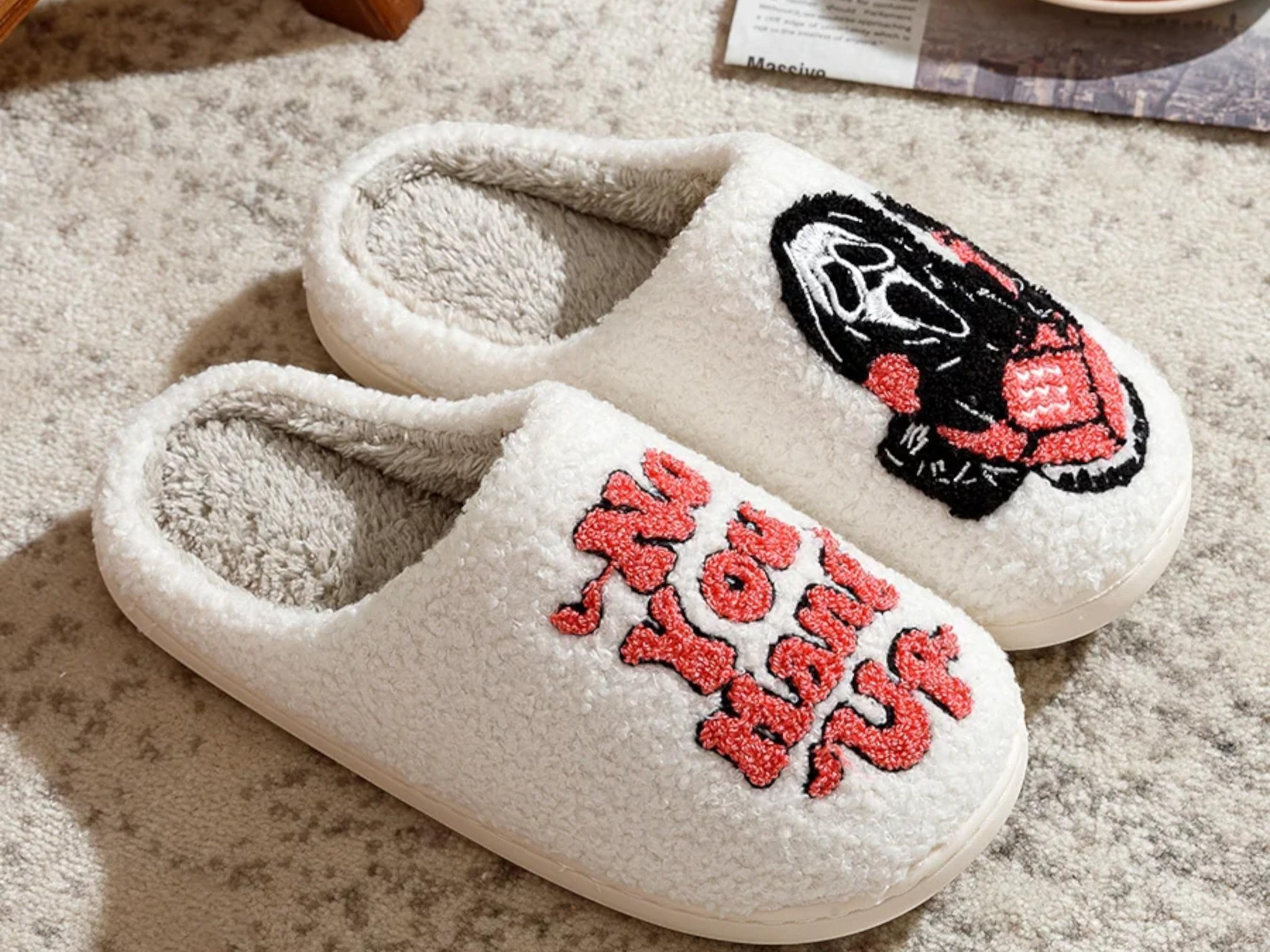 Fuzzy Embroidered Halloween Slippers - Cozy Plush House Shoes with Funny Face Design, Perfect Gift