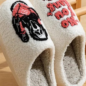 Fuzzy Embroidered Halloween Slippers - Cozy Plush House Shoes with Funny Face Design, Perfect Gift