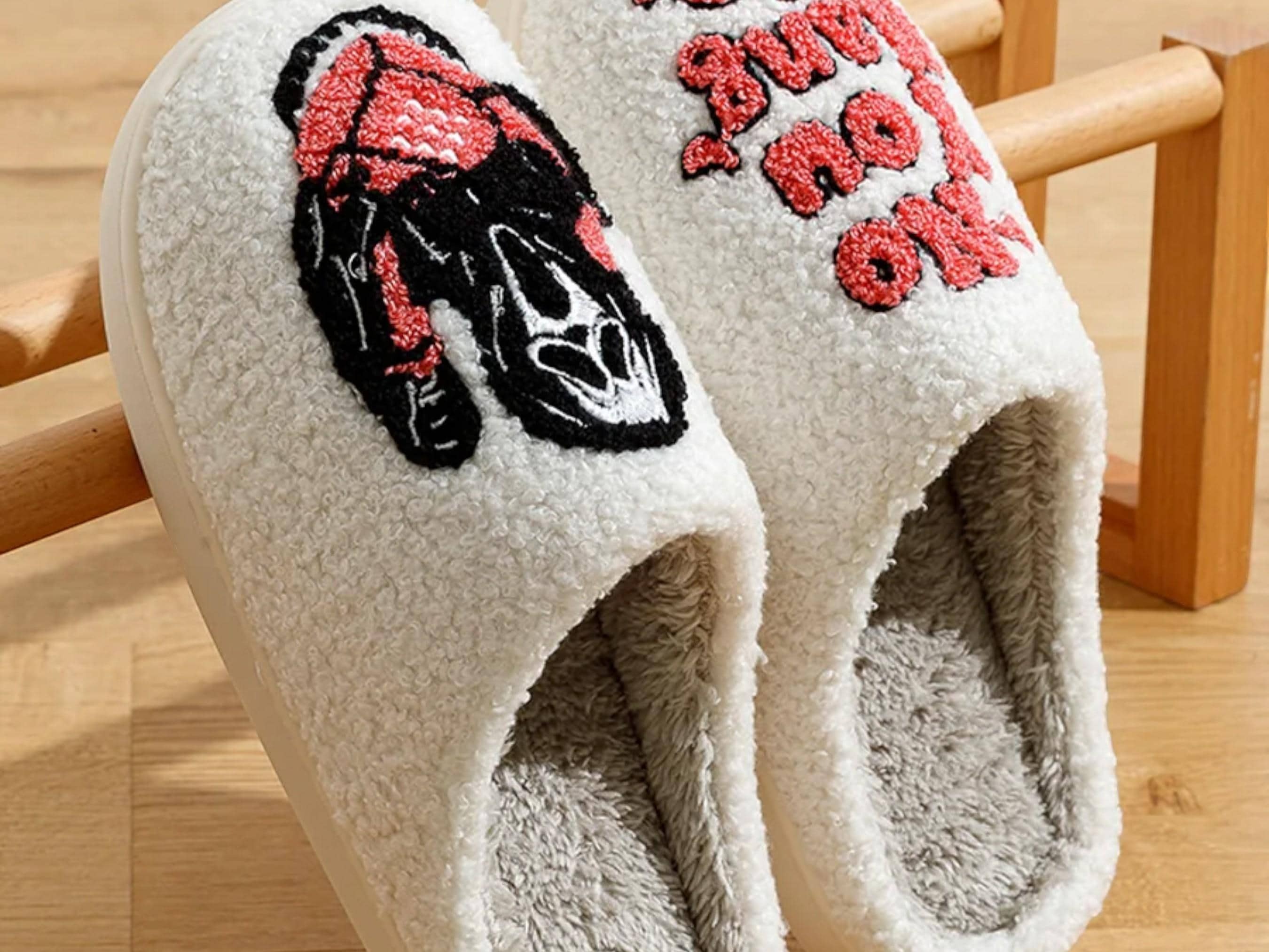 Fuzzy Embroidered Halloween Slippers - Cozy Plush House Shoes with Funny Face Design, Perfect Gift