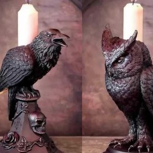 Gothic Crow and Owl Candle Holder - Black Resin Candlestick for Halloween & Holiday Gifting