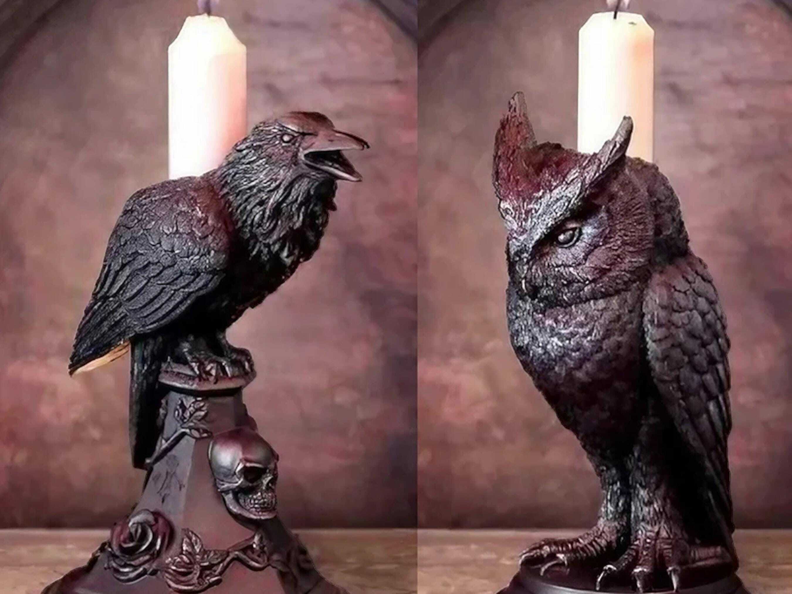 Gothic Crow and Owl Candle Holder - Black Resin Candlestick for Halloween & Holiday Gifting