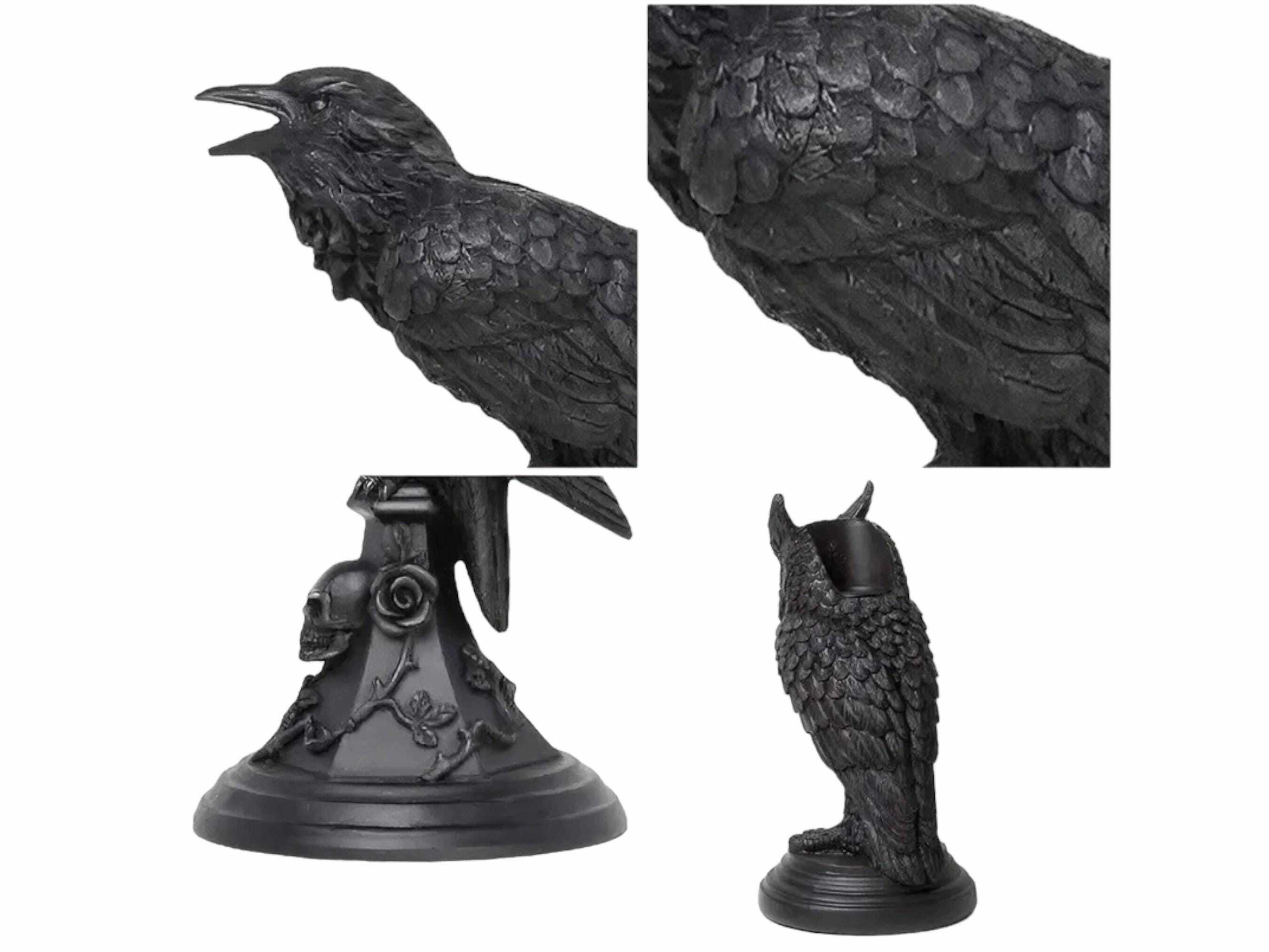 Gothic Crow and Owl Candle Holder - Black Resin Candlestick for Halloween & Holiday Gifting