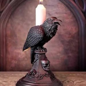 Gothic Crow and Owl Candle Holder - Black Resin Candlestick for Halloween & Holiday Gifting