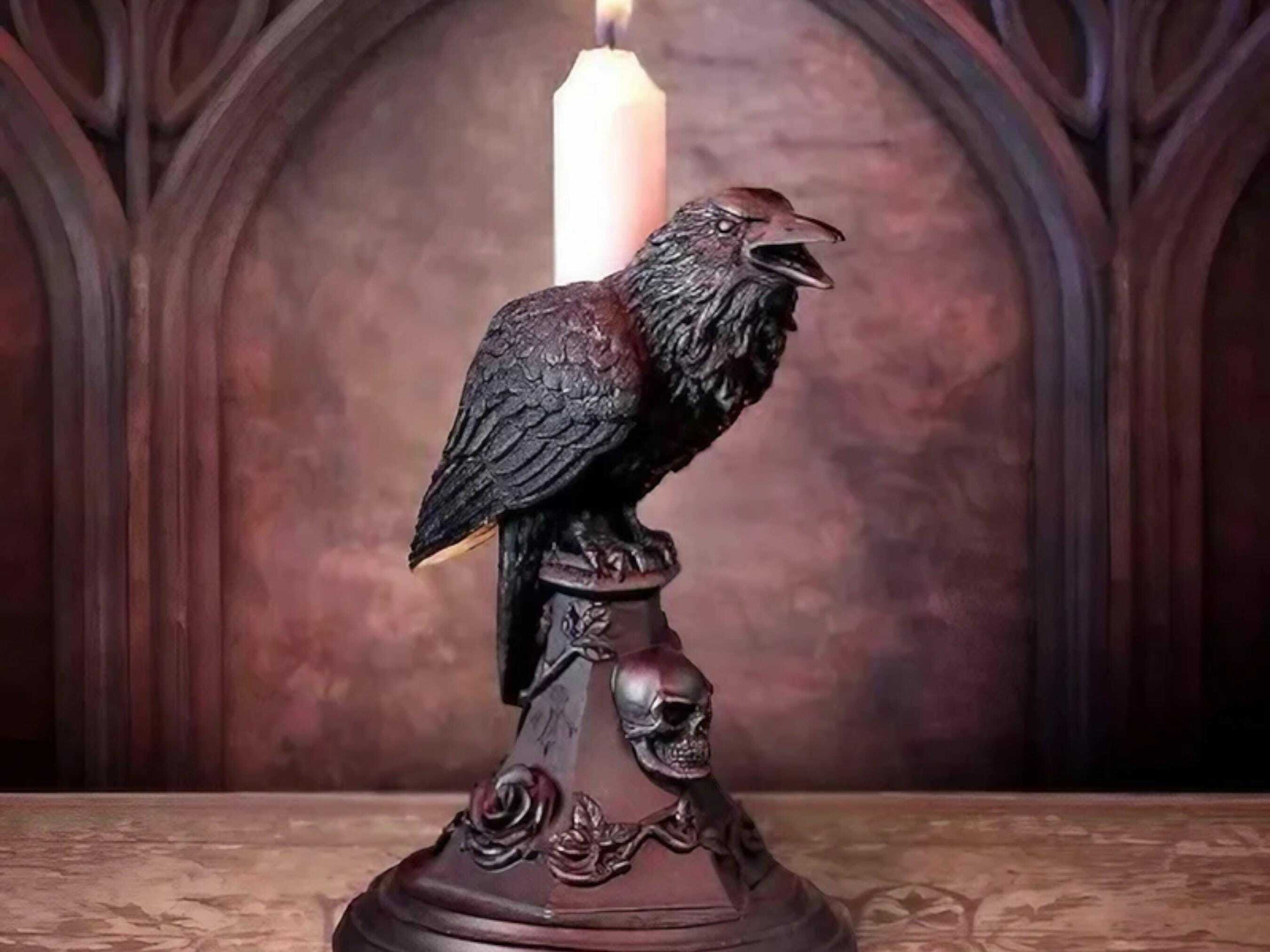 Gothic Crow and Owl Candle Holder - Black Resin Candlestick for Halloween & Holiday Gifting