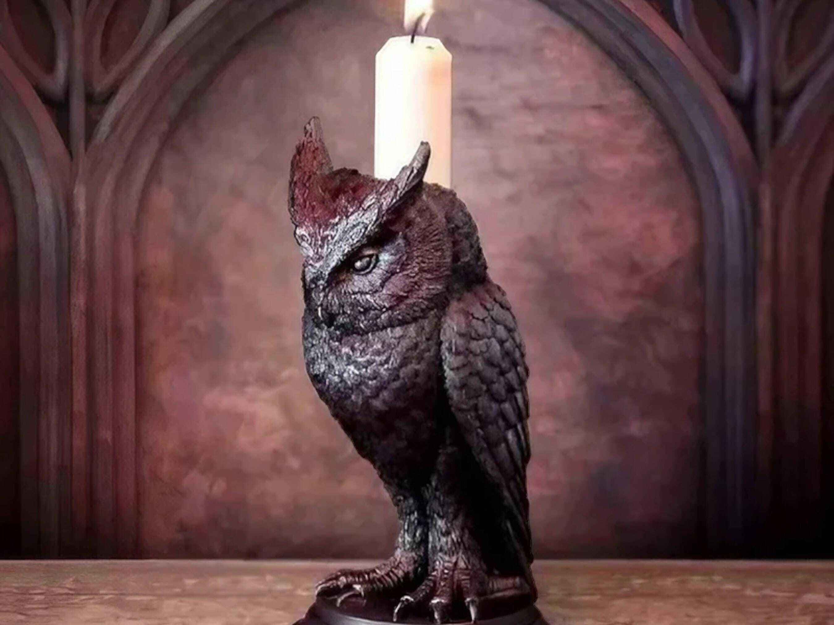 Gothic Crow and Owl Candle Holder - Black Resin Candlestick for Halloween & Holiday Gifting