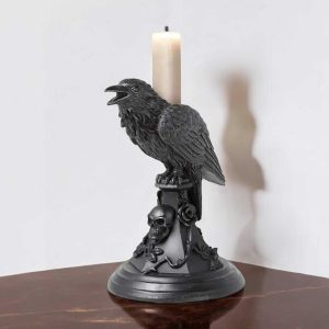 Gothic Crow and Owl Candle Holder - Black Resin Candlestick for Halloween & Holiday Gifting