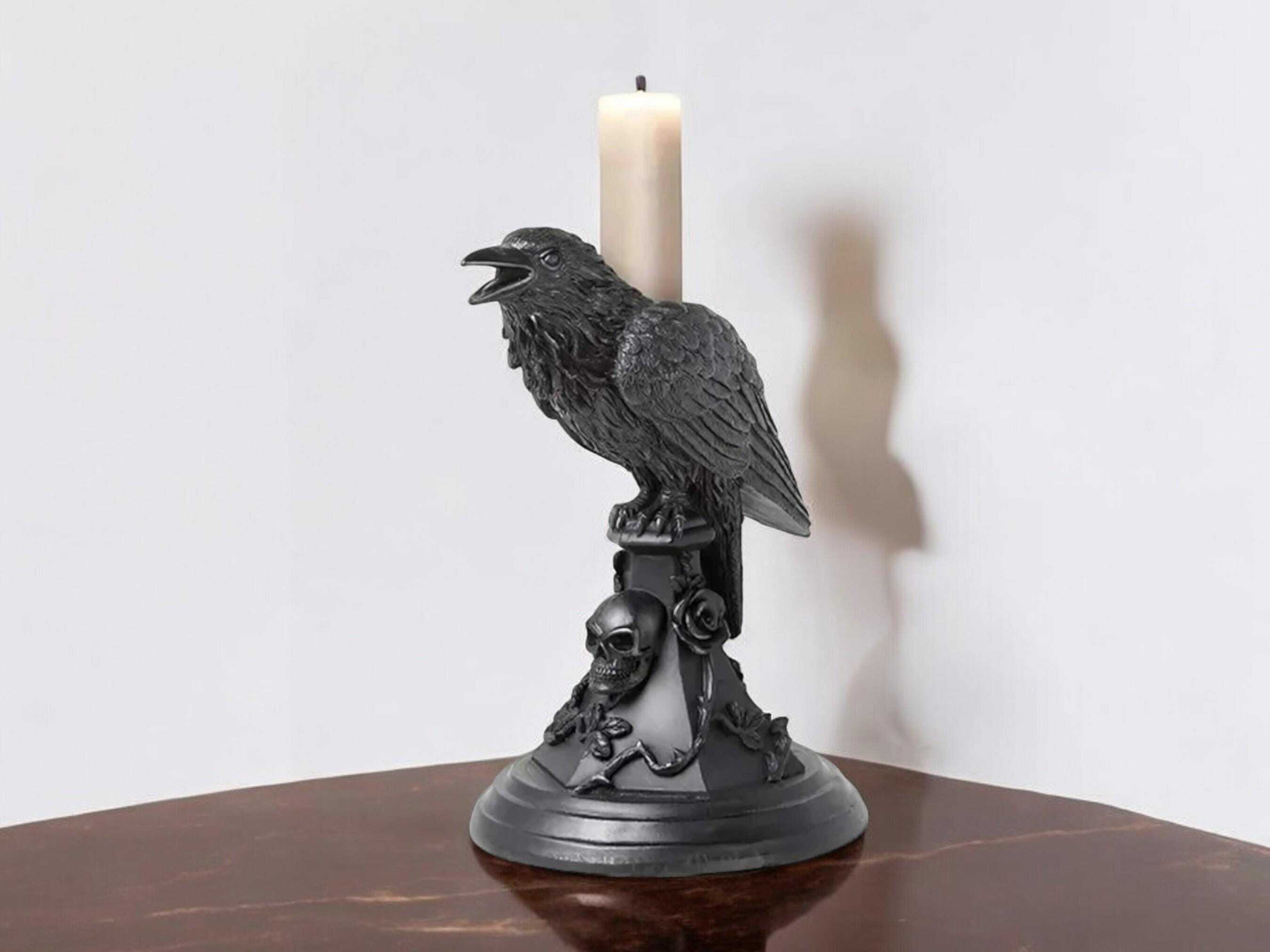 Gothic Crow and Owl Candle Holder - Black Resin Candlestick for Halloween & Holiday Gifting