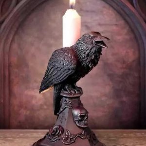 Gothic Crow and Owl Candle Holder - Black Resin Candlestick for Halloween & Holiday Gifting