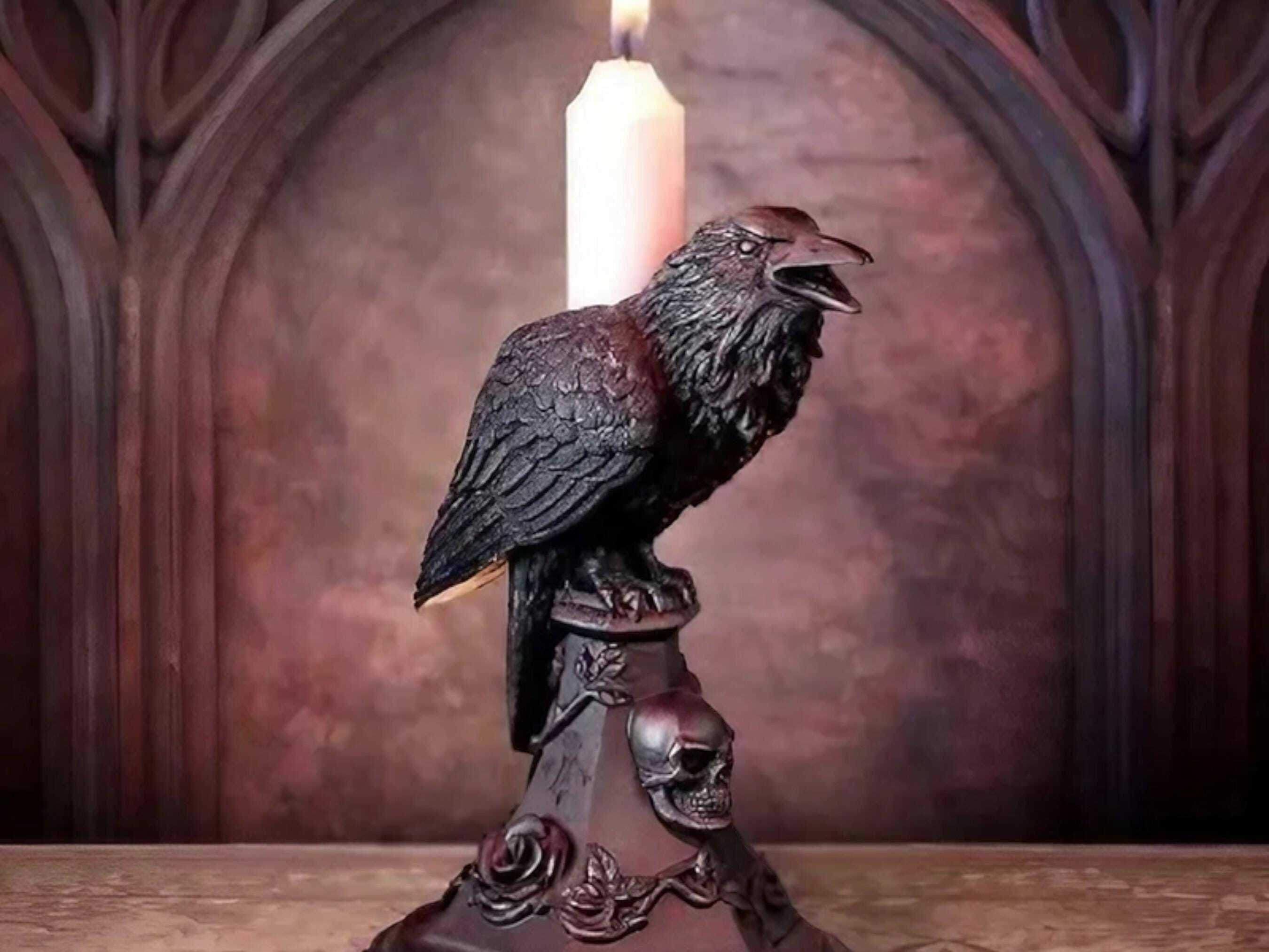 Gothic Crow and Owl Candle Holder - Black Resin Candlestick for Halloween & Holiday Gifting