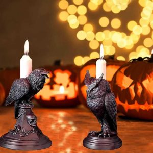 Gothic Crow and Owl Candle Holder - Black Resin Candlestick for Halloween & Holiday Gifting