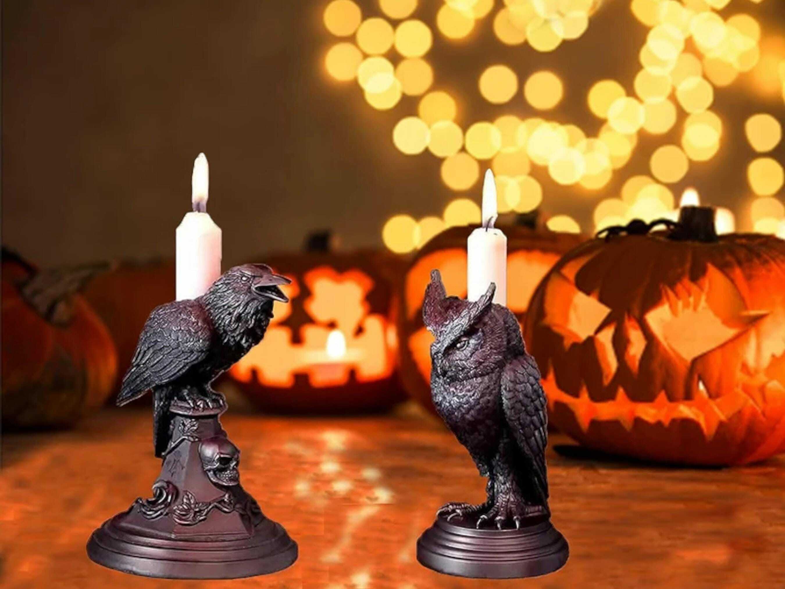 Gothic Crow and Owl Candle Holder - Black Resin Candlestick for Halloween & Holiday Gifting