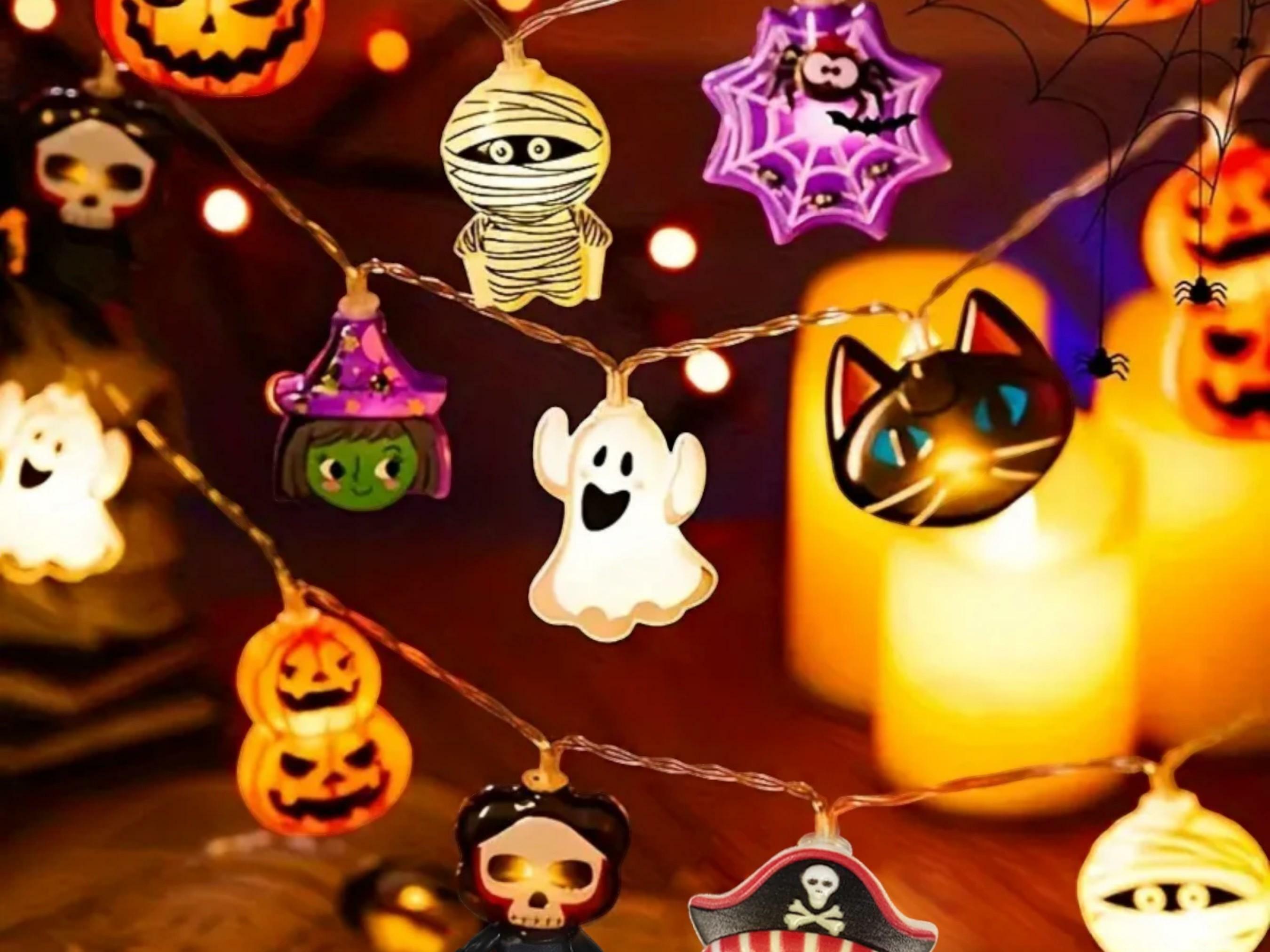 Halloween LED Battery-Powered String Lights - Ghosts, Witches, Cats, and Pumpkins for Festive Decor