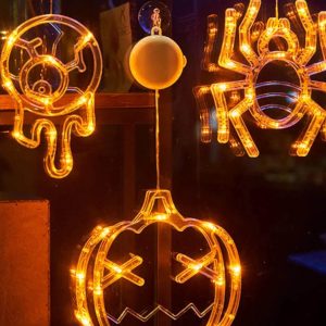 Halloween LED Window Lights - Pumpkin, Spider, Ghost & Witch Hat Decor for Home & Party