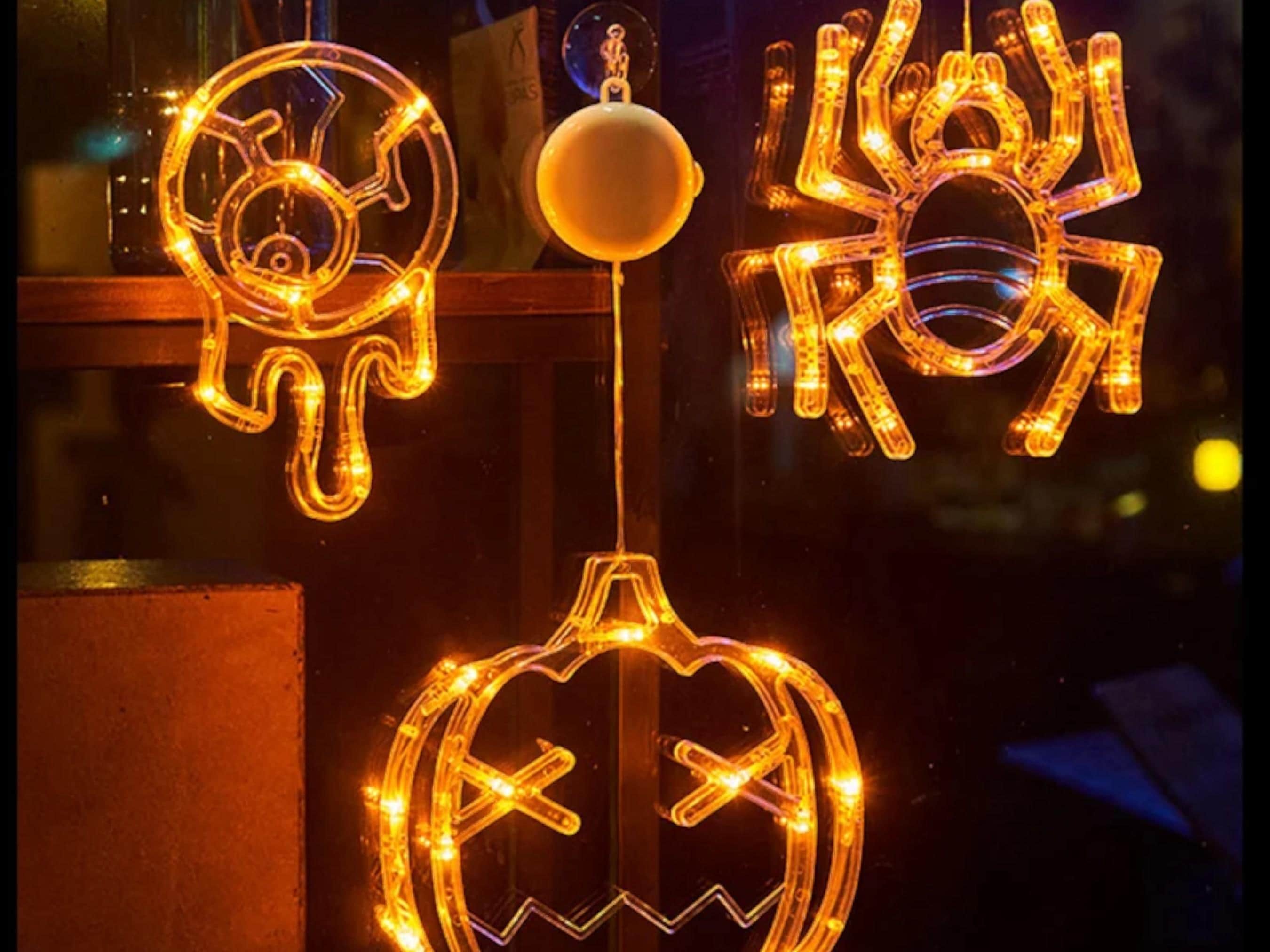 Halloween LED Window Lights - Pumpkin, Spider, Ghost & Witch Hat Decor for Home & Party