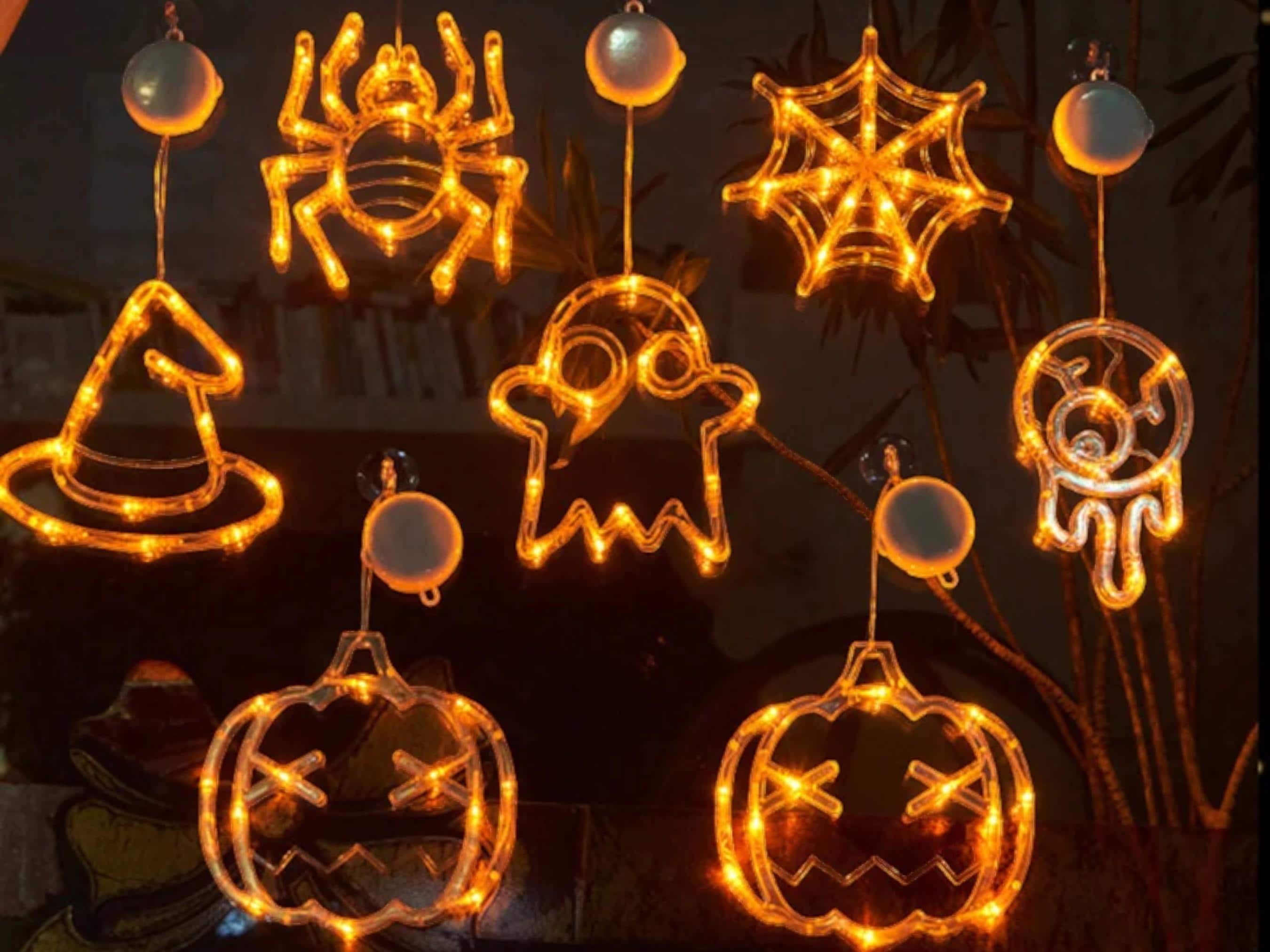 Halloween LED Window Lights - Pumpkin, Spider, Ghost & Witch Hat Decor for Home & Party