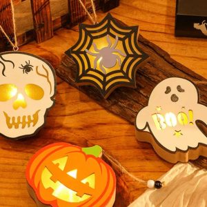 Halloween Wooden Pumpkin Lantern - Handheld Skull & Spider Nightlight Keychain Gift for Lovers