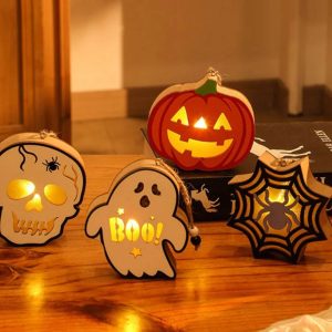 Halloween Wooden Pumpkin Lantern - Handheld Skull & Spider Nightlight Keychain Gift for Lovers