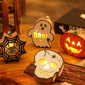 Halloween Wooden Pumpkin Lantern - Handheld Skull & Spider Nightlight Keychain Gift for Lovers