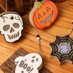 Halloween Wooden Pumpkin Lantern - Handheld Skull & Spider Nightlight Keychain Gift for Lovers