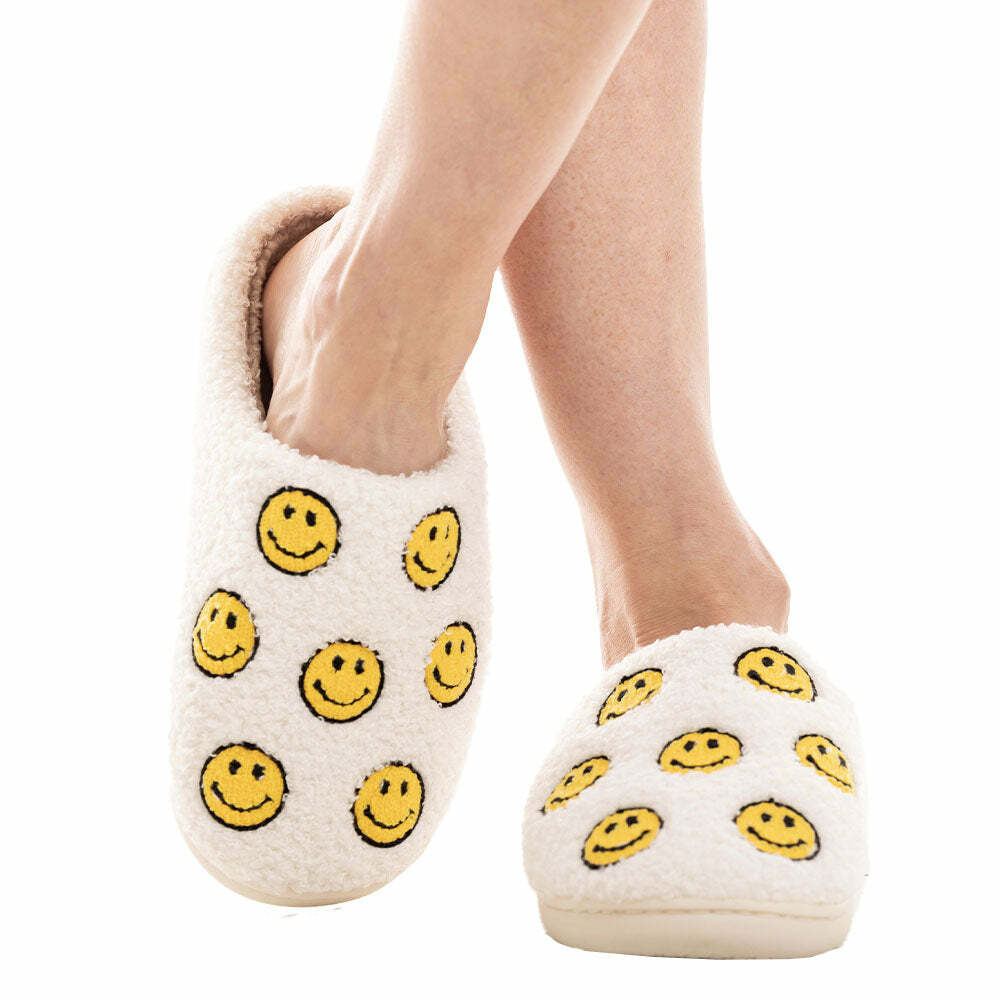 Happy Face Sherpa Slippers - Cozy Gift for Loved OnesHoliday Season