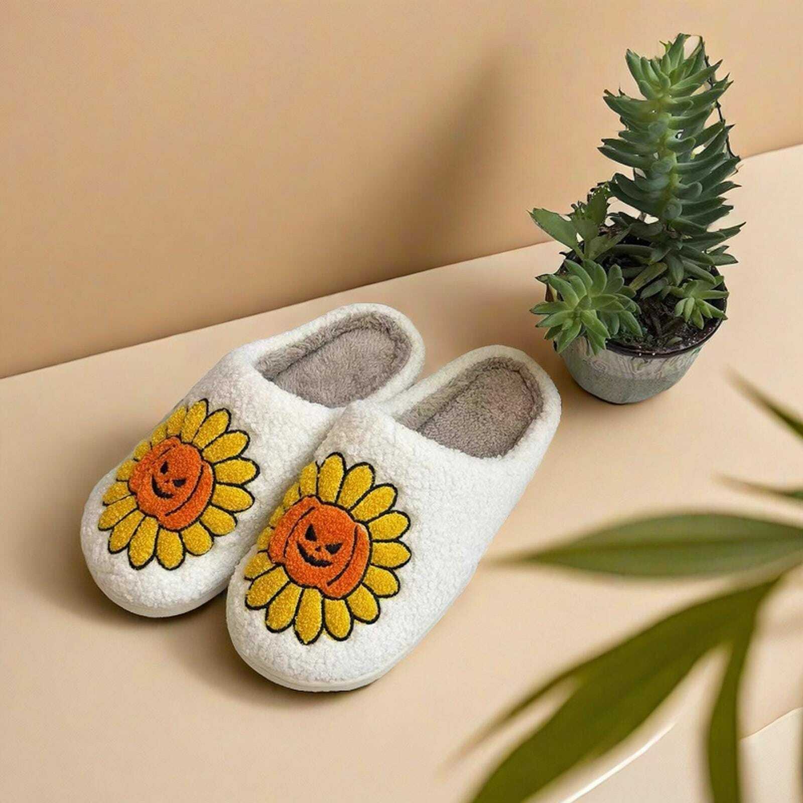 Horror Sunflower Pumpkin Slippers - Festive Autumn Footwear Halloween, Thanksgiving, Christmas Gifts