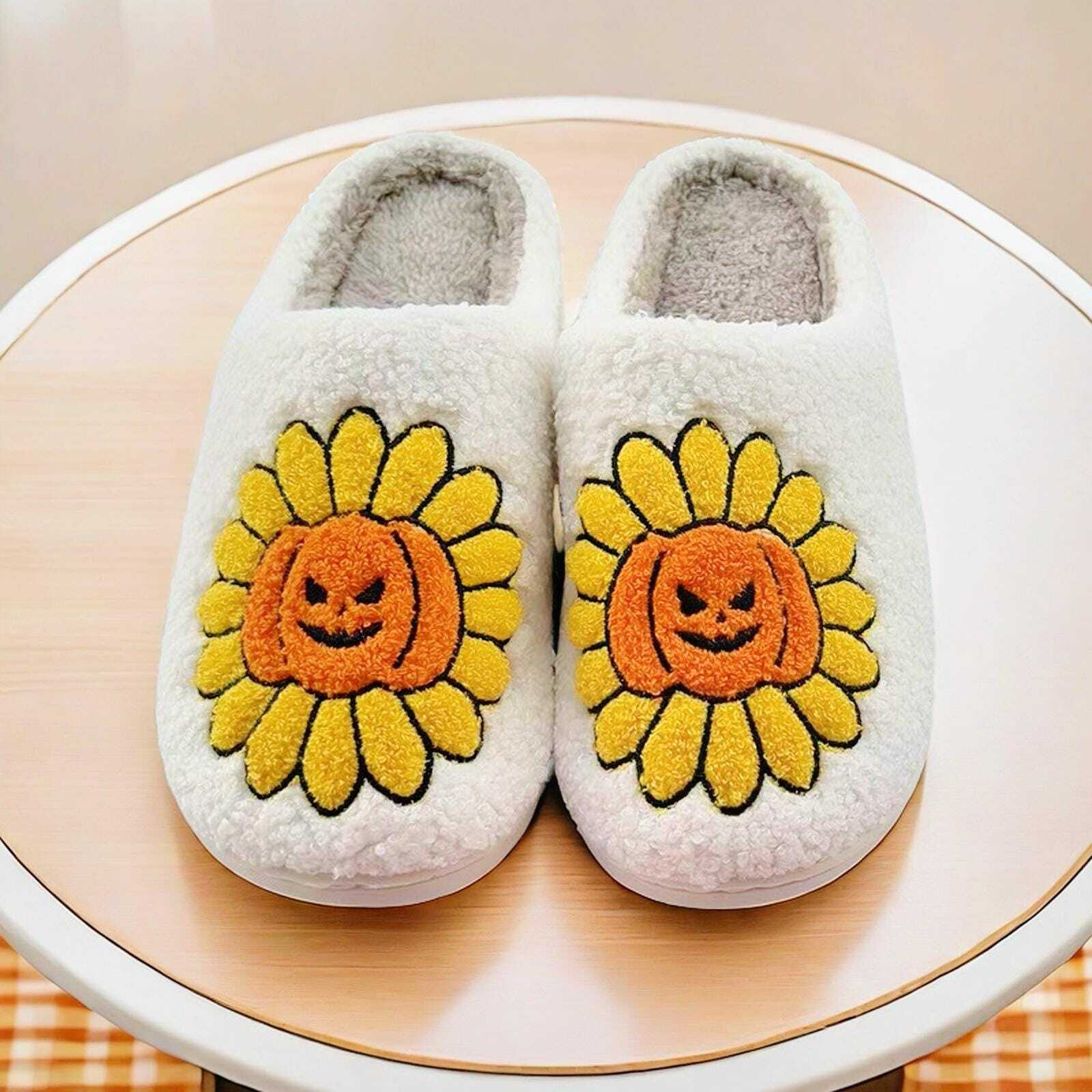 Horror Sunflower Pumpkin Slippers - Festive Autumn Footwear Halloween, Thanksgiving, Christmas Gifts