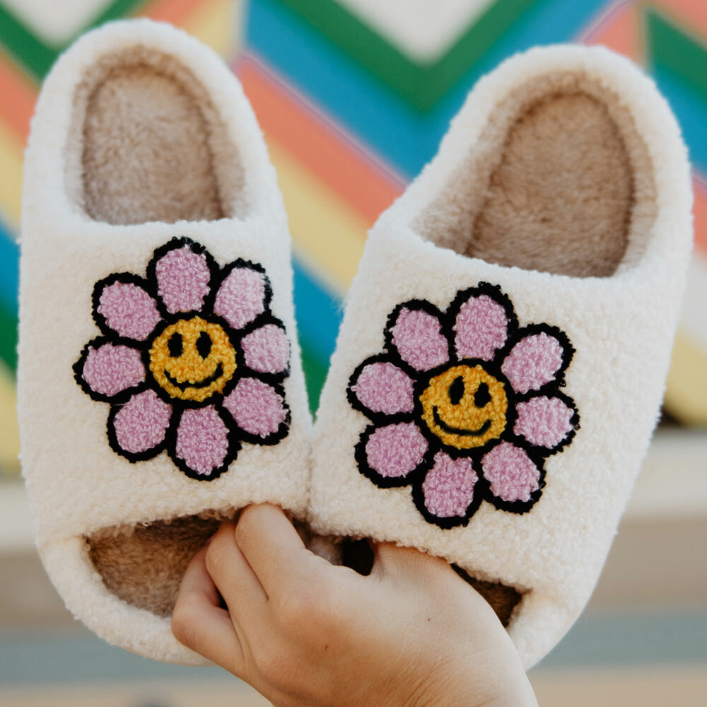 Lavender Daisy Happy Face Open-Toed Slippers - Perfect Gifts and Special Occasions