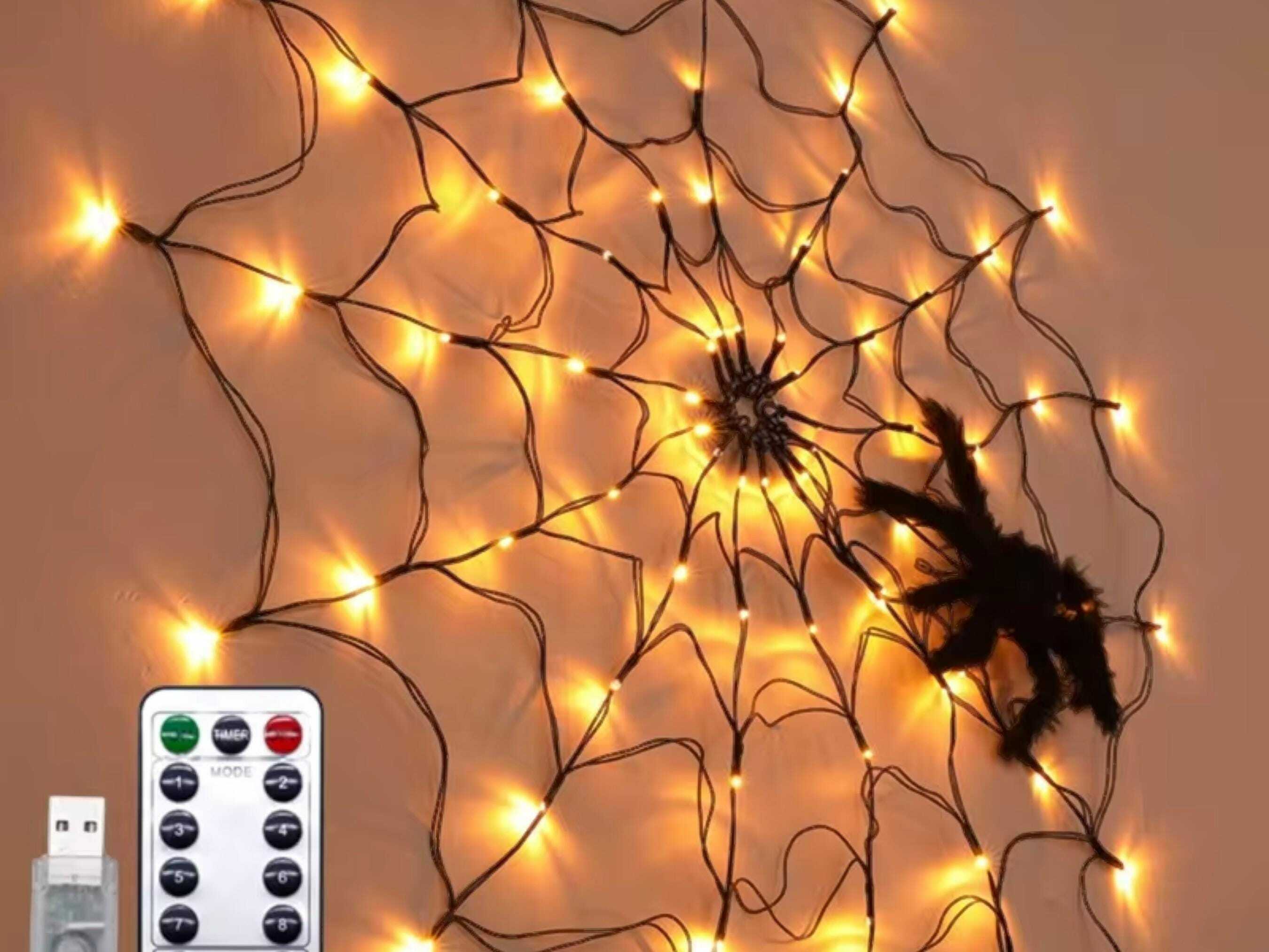 LED Spider Web String Lights with Remote - 8 Modes for Indoor/Outdoor Halloween Decor Gift