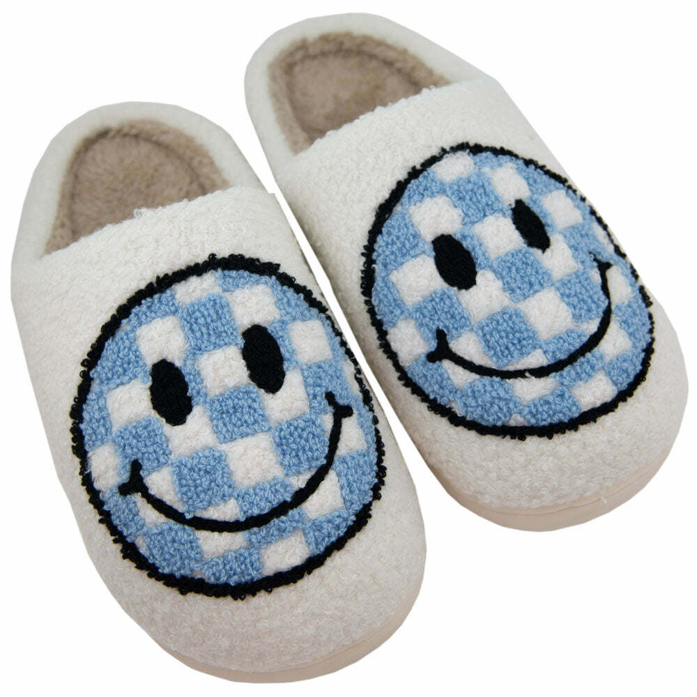 Light Blue Checkered Happy Face Slippers for Women - Perfect Gifts