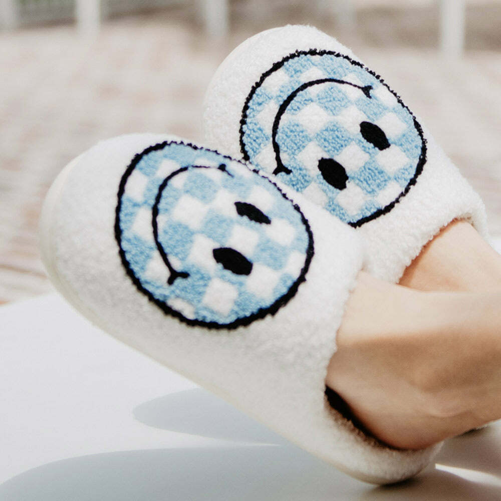 Light Blue Checkered Happy Face Slippers for Women - Perfect Gifts