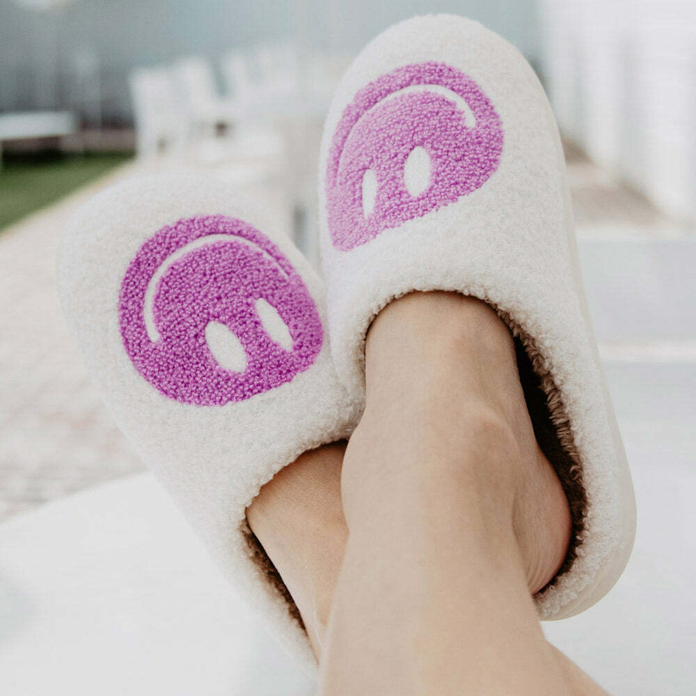 Orchid Happy Face Sherpa Slippers - Cozy Gift for Loved OnesHoliday Season