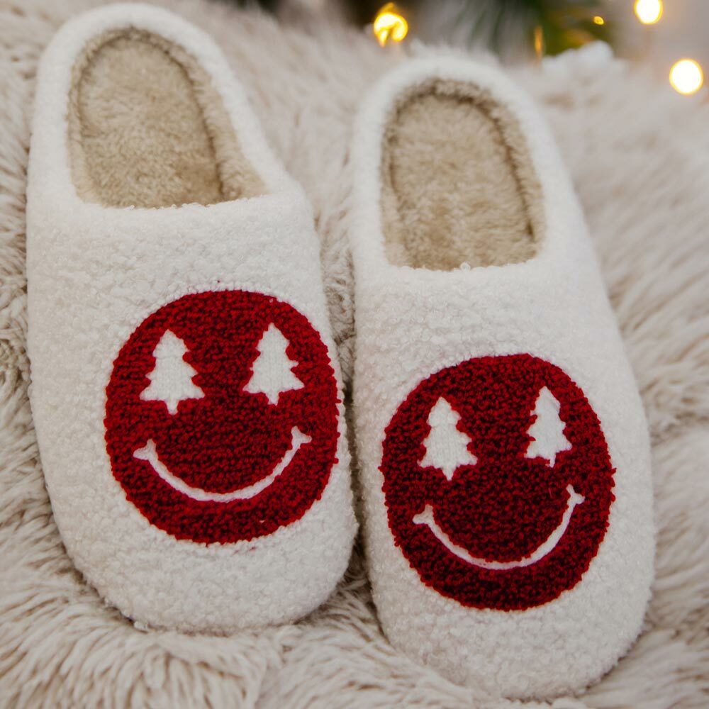 Red Christmas Tree Eyes Happy Face Slippers - Perfect Holiday Gift for Loved Ones