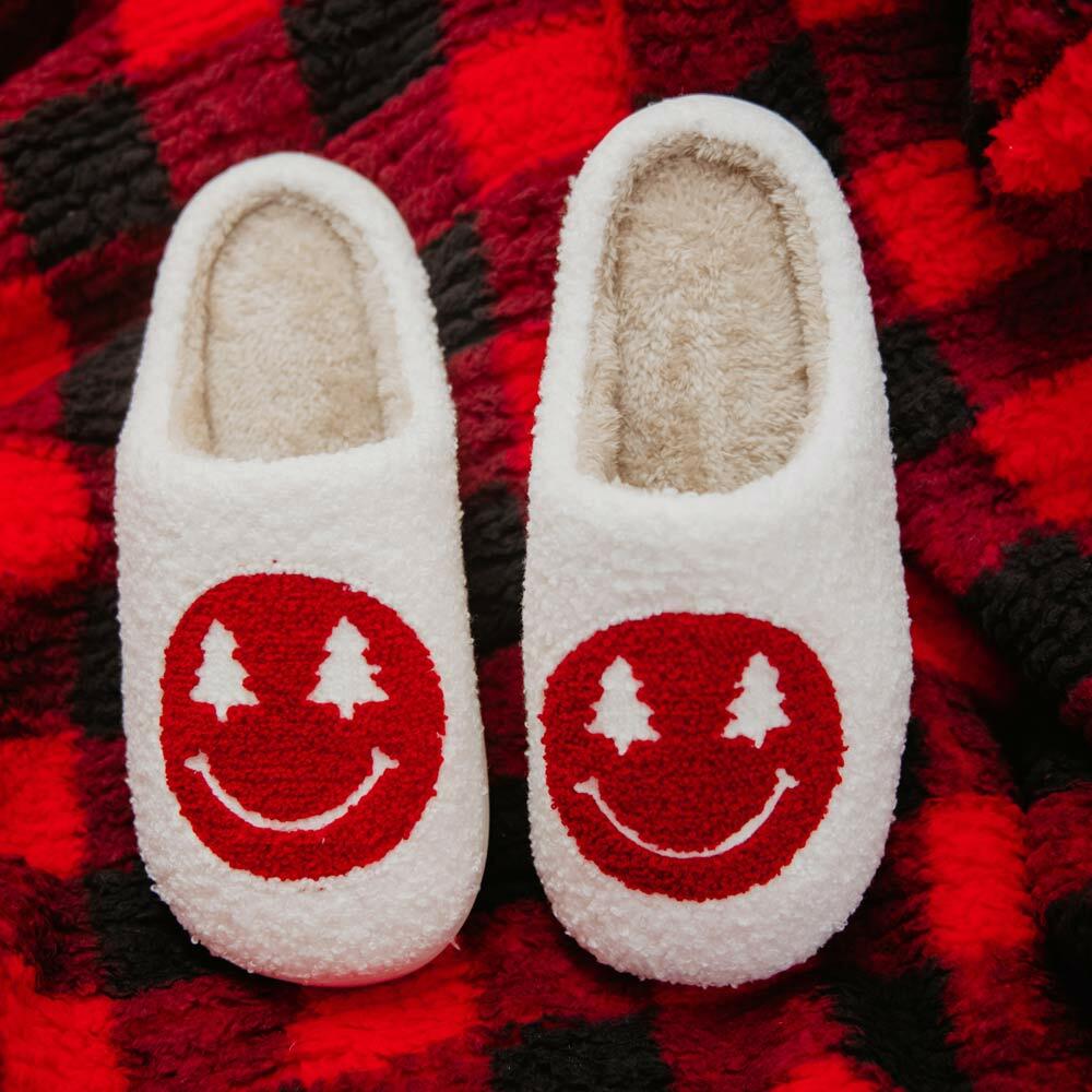 Red Christmas Tree Eyes Happy Face Slippers - Perfect Holiday Gift for Loved Ones