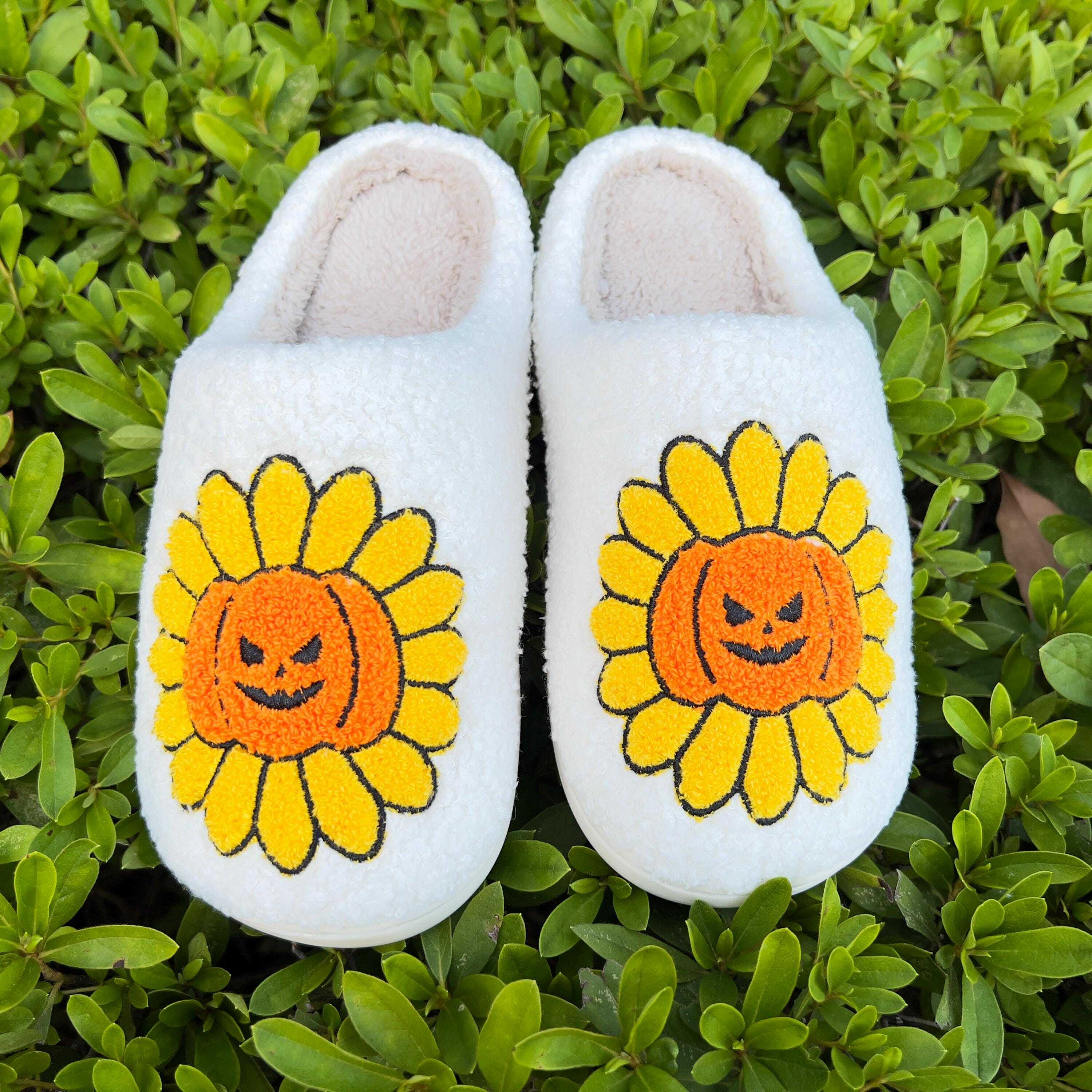 Sunflower Pumpkin Slippers for Women - Spooky Halloween Footwear, Perfect Gifts