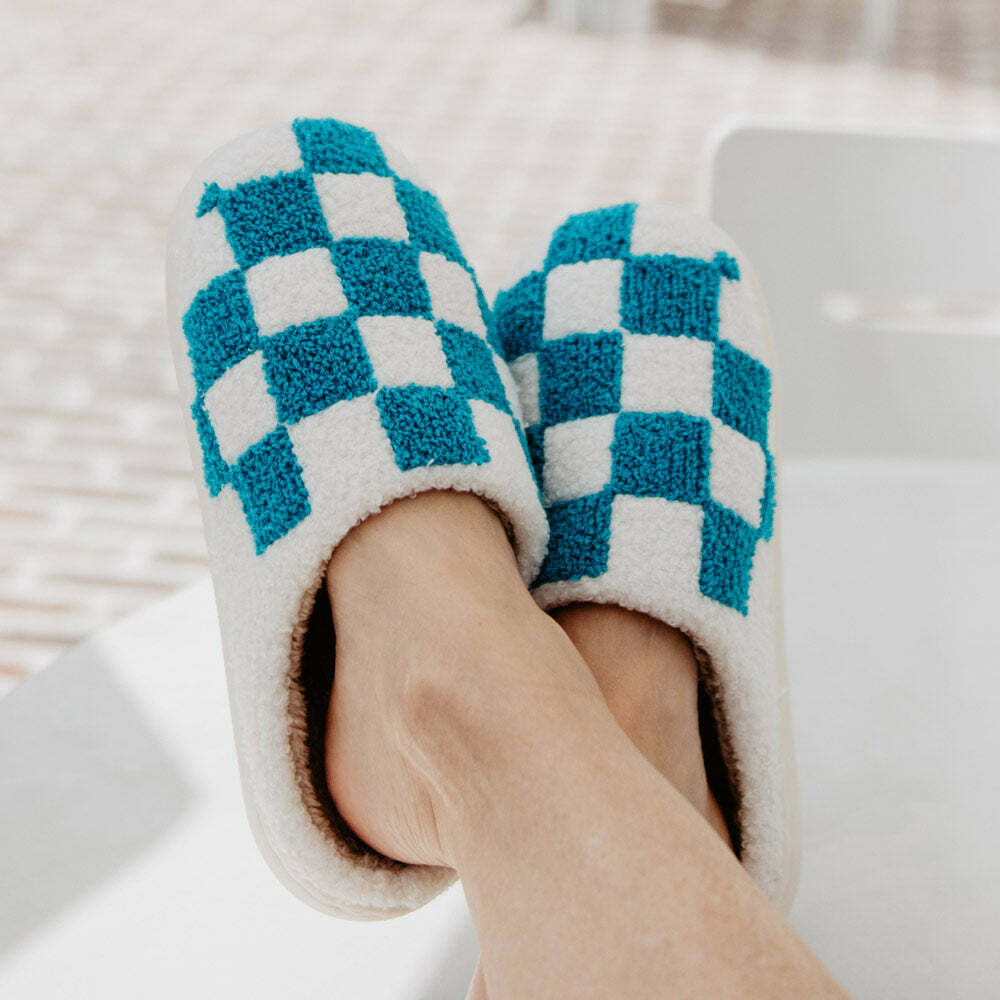 Teal Checkered Pattern Slippers - Perfect Gift for Halloween, Christmas, Valentine