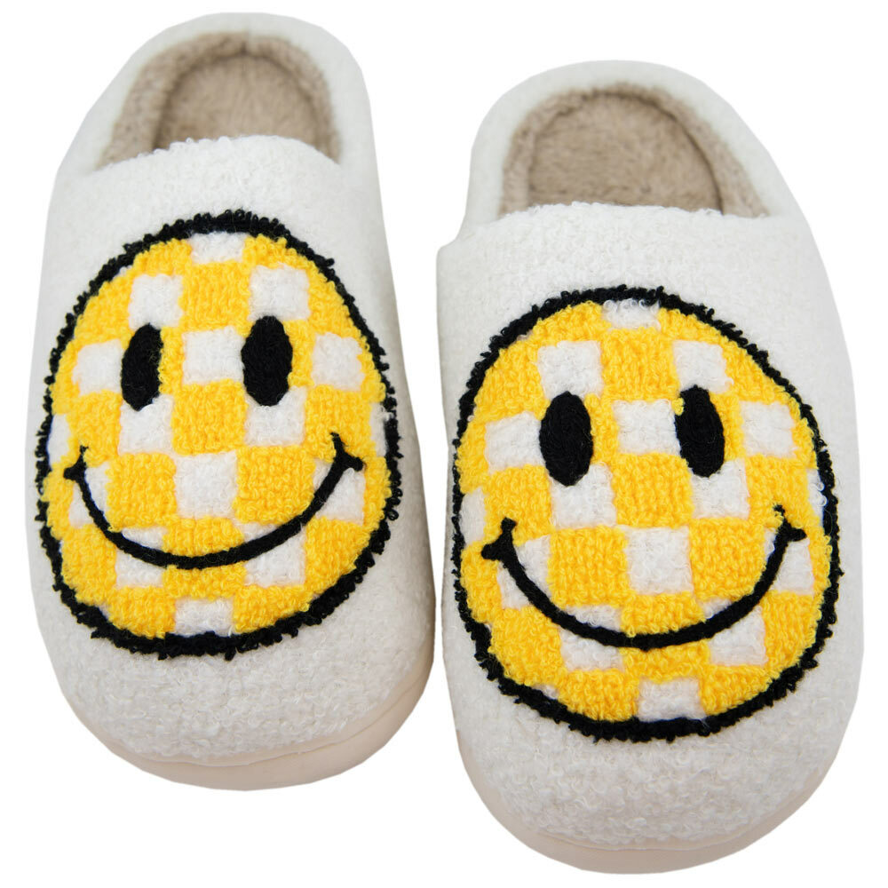 Yellow Checkered Happy Face Slippers - Perfect Gift for Halloween, Christmas, Valentine