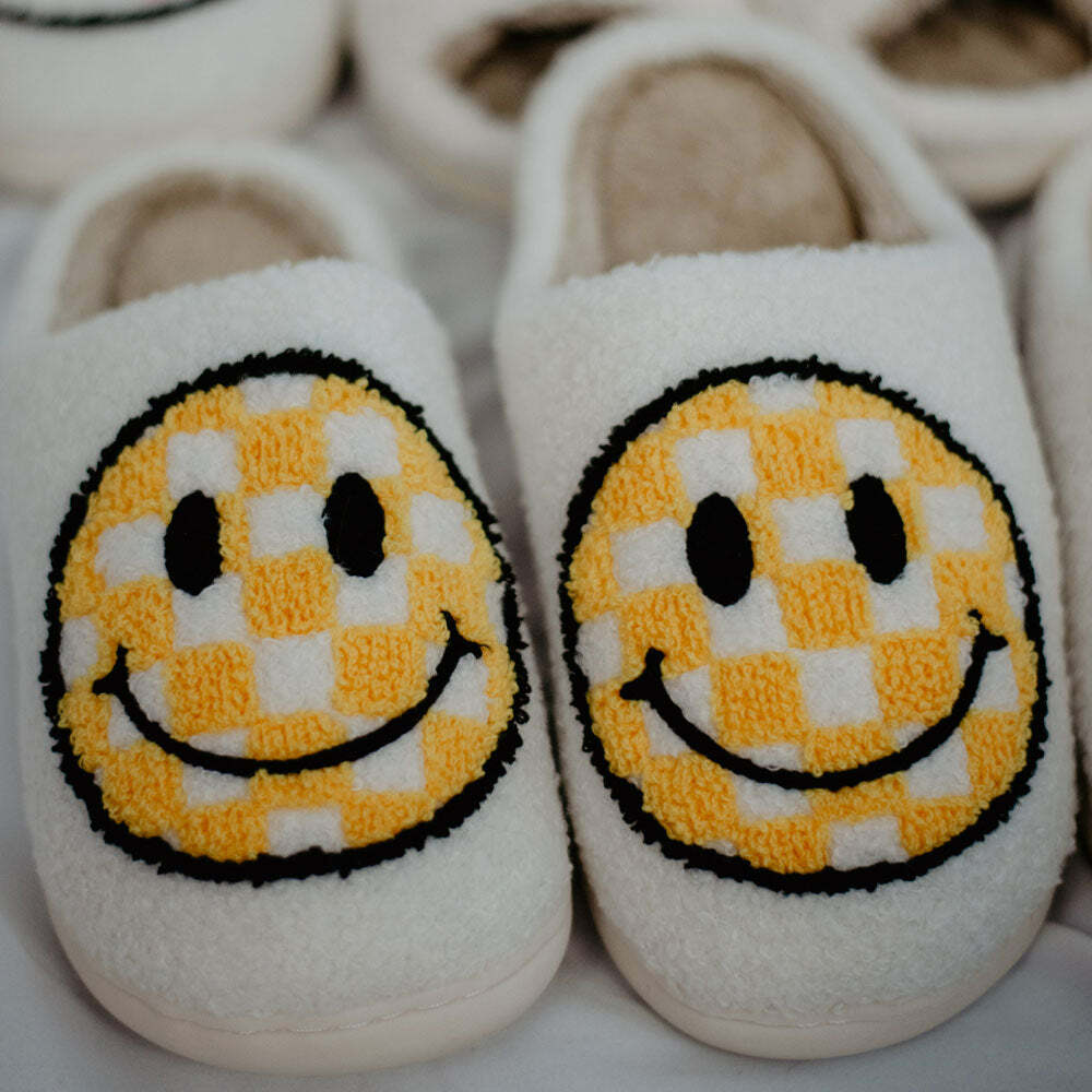 Yellow Checkered Happy Face Slippers - Perfect Gift for Halloween, Christmas, Valentine